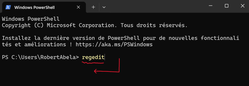 Ouvrir le Registre via l'Invite de PowerShell