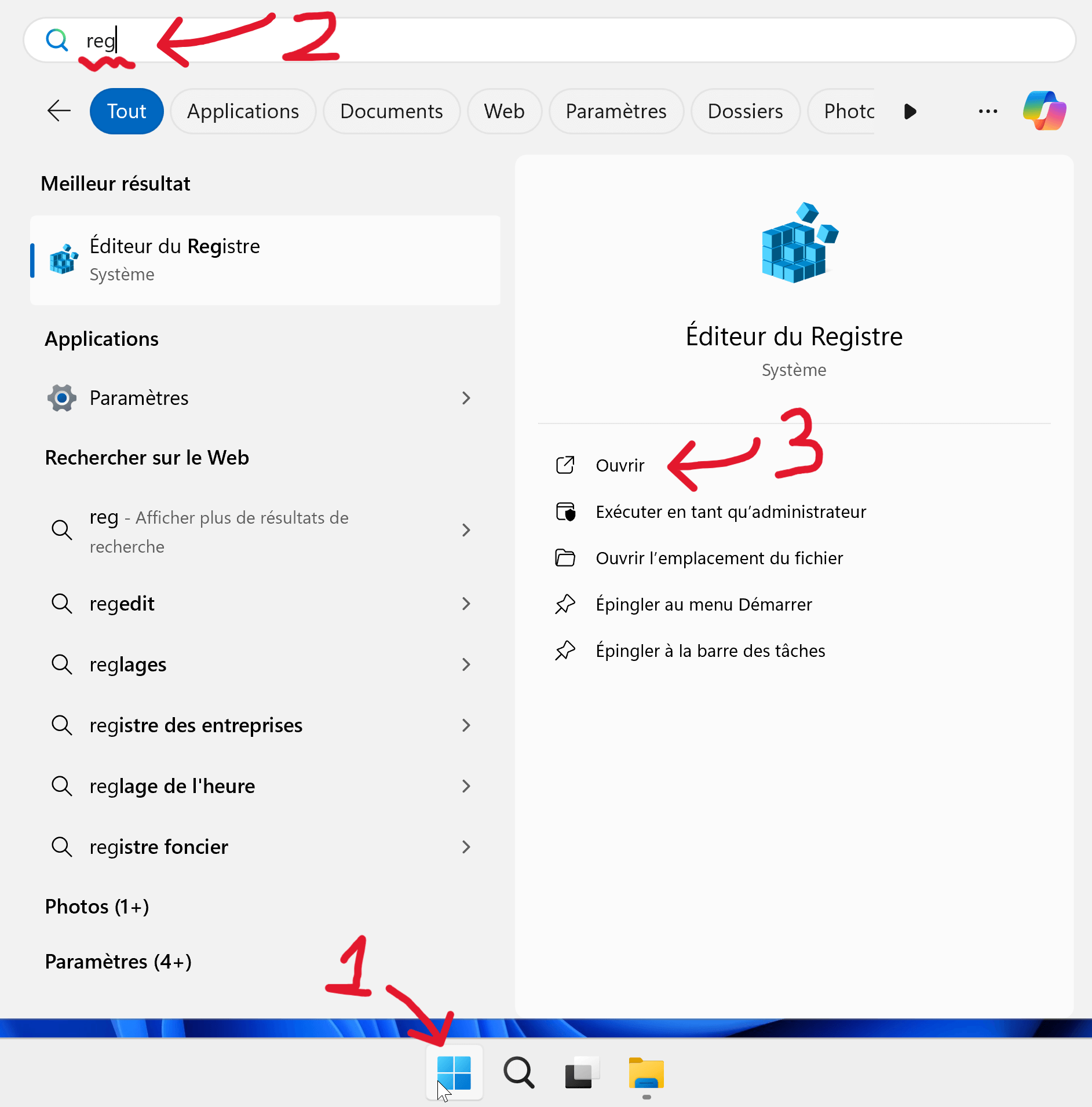 Utiliser la recherche Windows pour ouvrir le Registre