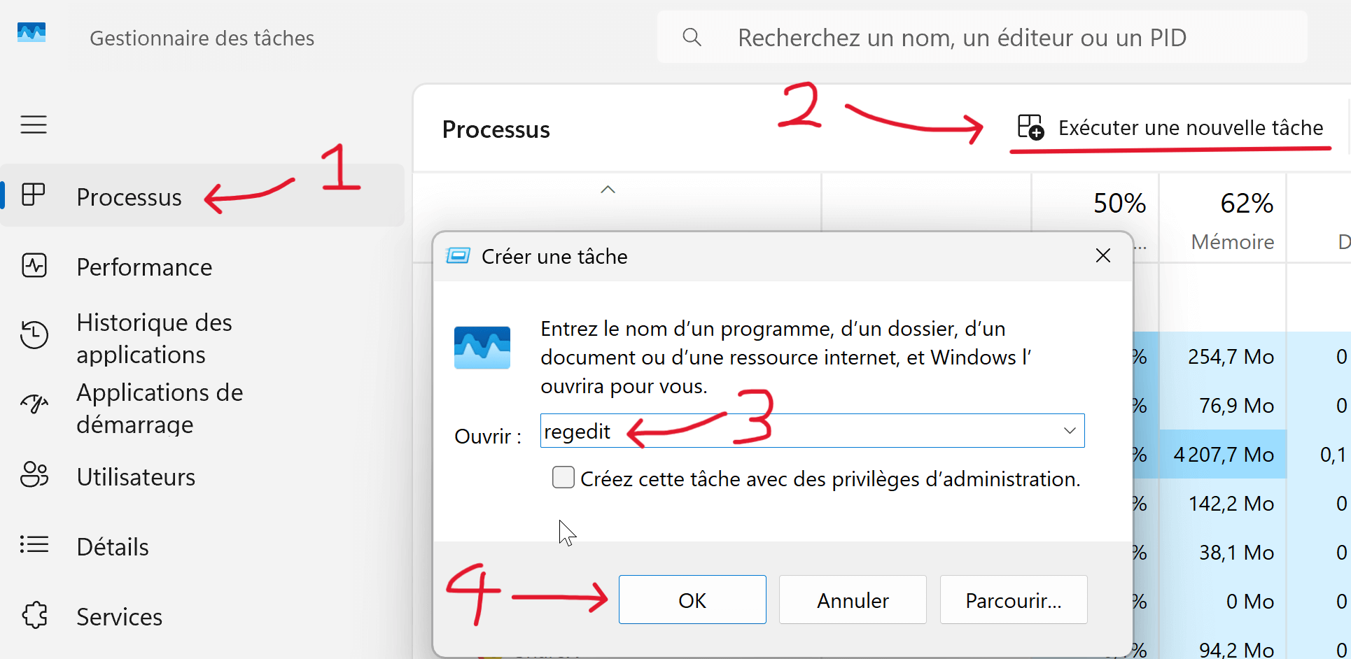 Utiliser le Gestionnaire des tâches pour ouvrir le Registre