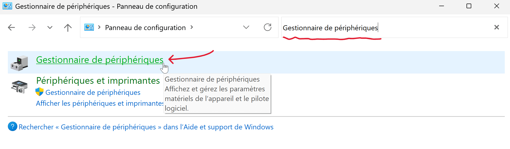 Accéder au Gestionnaire de périphériques via le Panneau de configuration