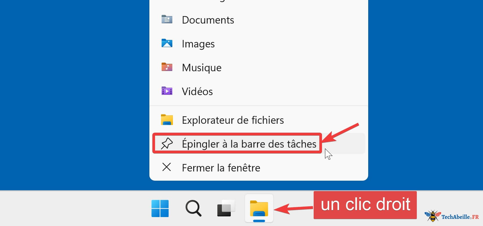 Clic droit pour épingler l'Explorateur de fichiers à la barre des tâches