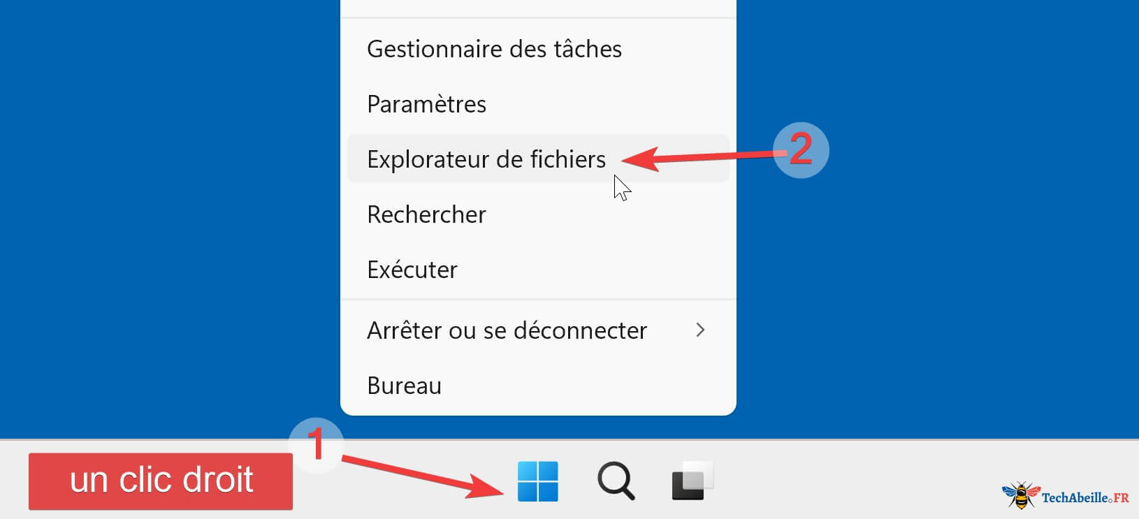 Clic droit sur le menu Démarrer pour ouvrir l'Explorateur de fichiers