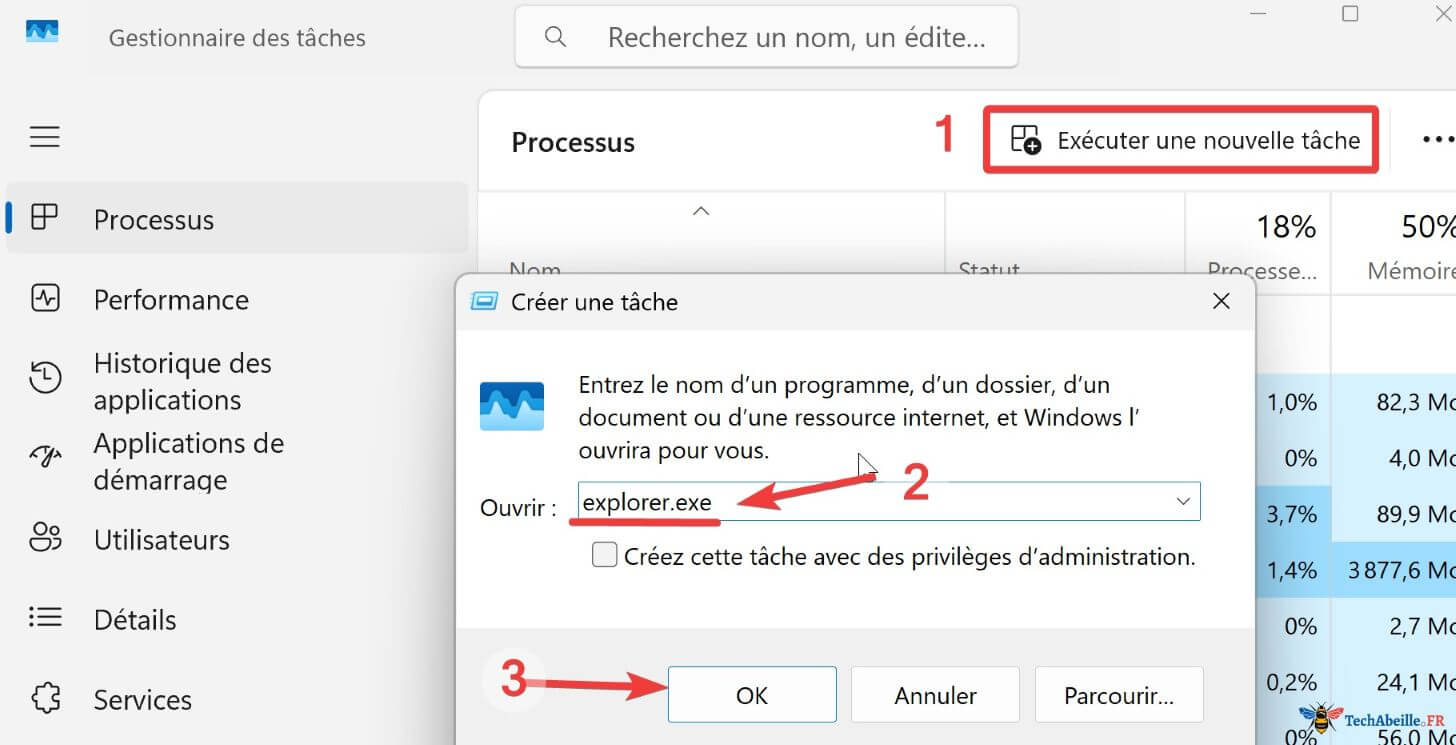 Créer un nouveau processus explorer dans le Gestionnaire des tâches