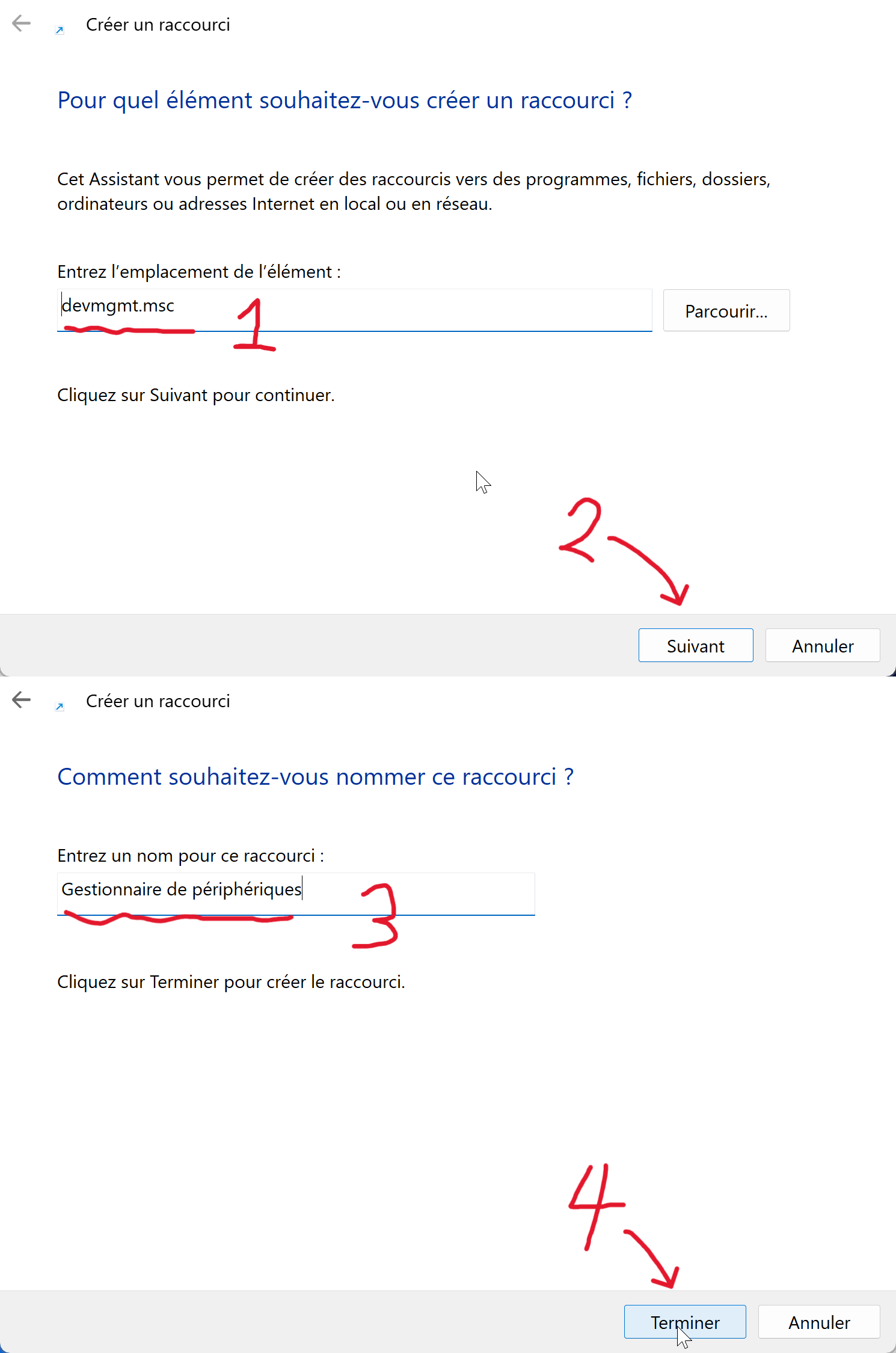 Créer un raccourci sur le bureau pour ouvrir le Gestionnaire de périphériques
