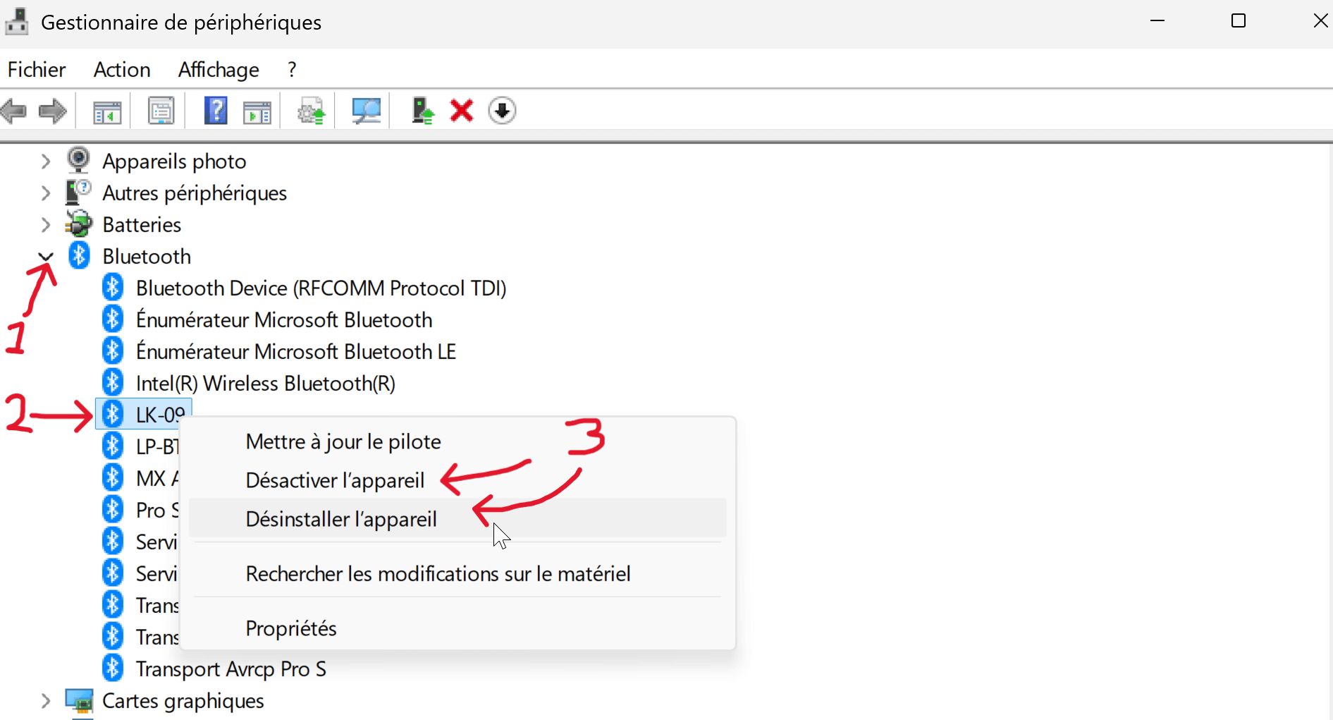Désactiver un périphérique Bluetooth dans le Gestionnaire de périphériques Windows 11
