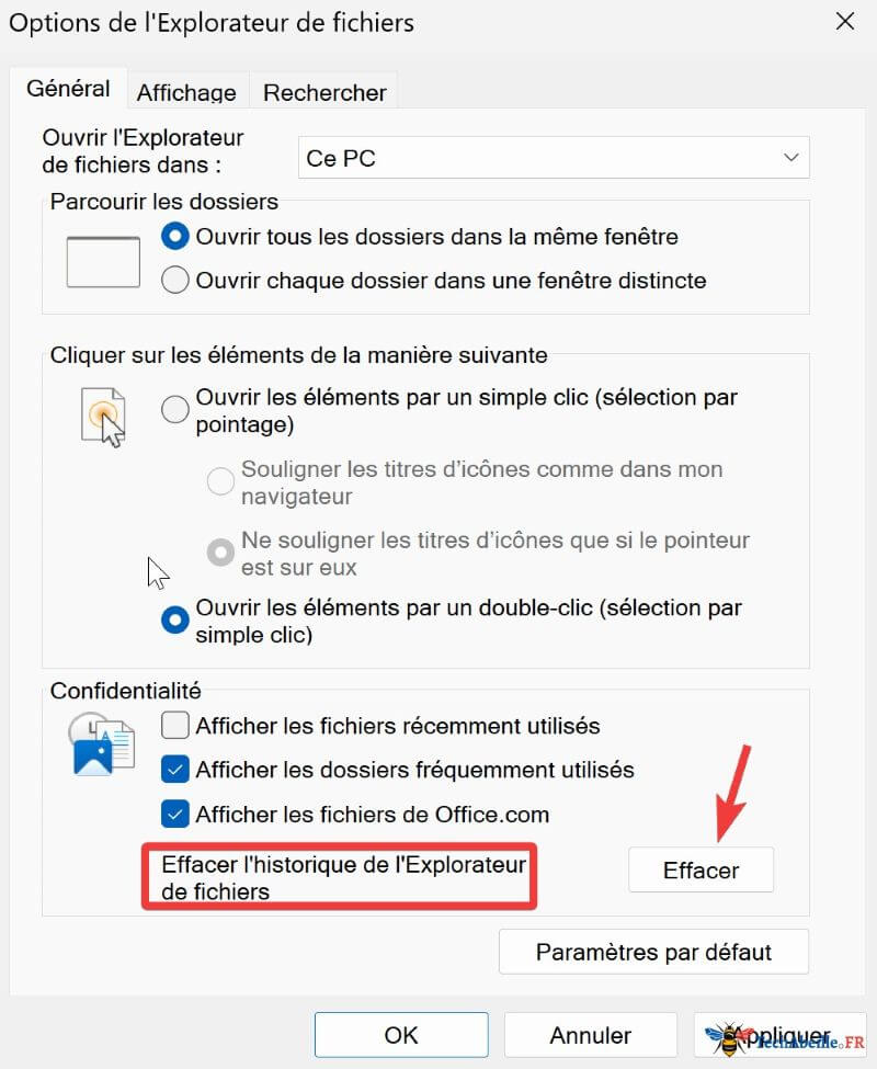 Effacer l'historique de l'Explorateur de fichiers