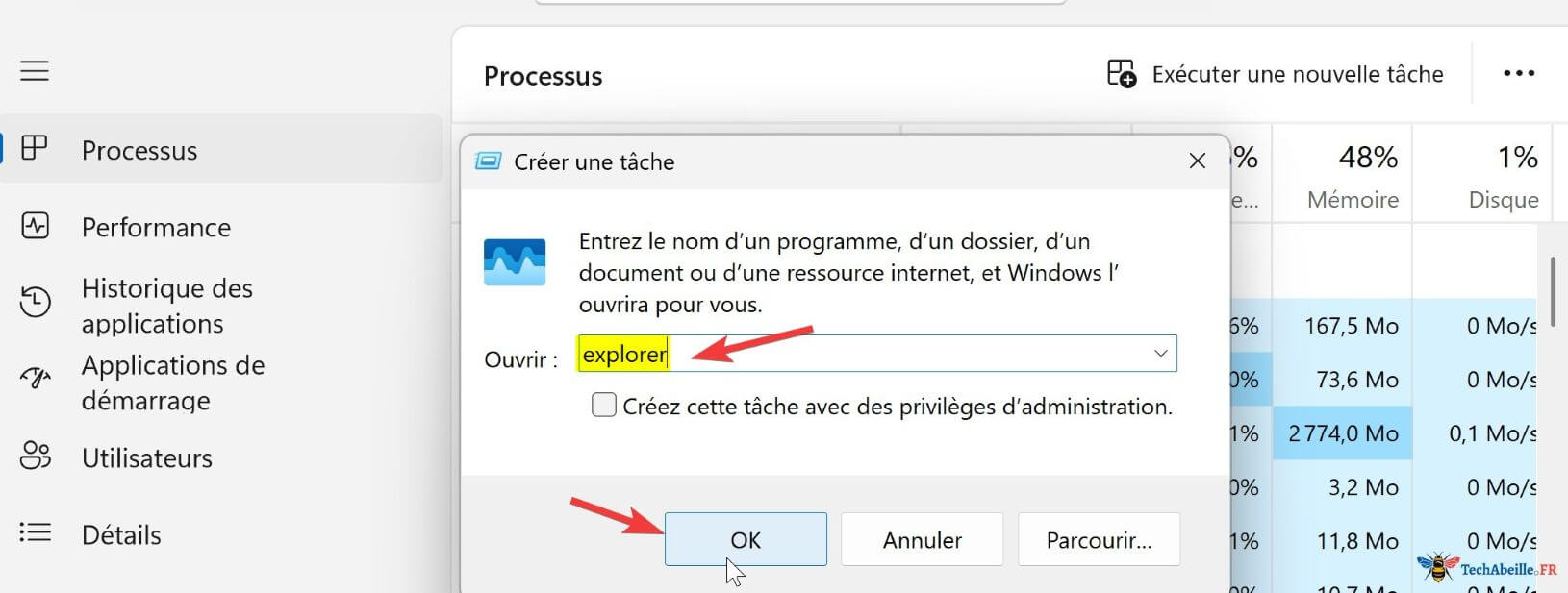 Gestionnaire des tâches saisir explorer