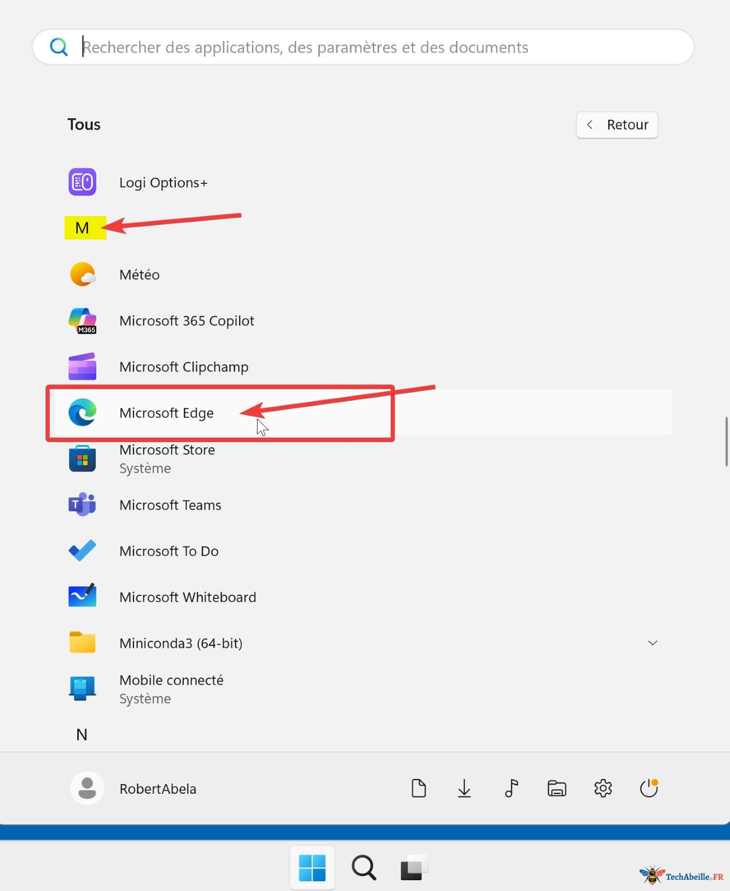Le nom complet d'Edge est Microsoft Edge chercher dans la lettre M
