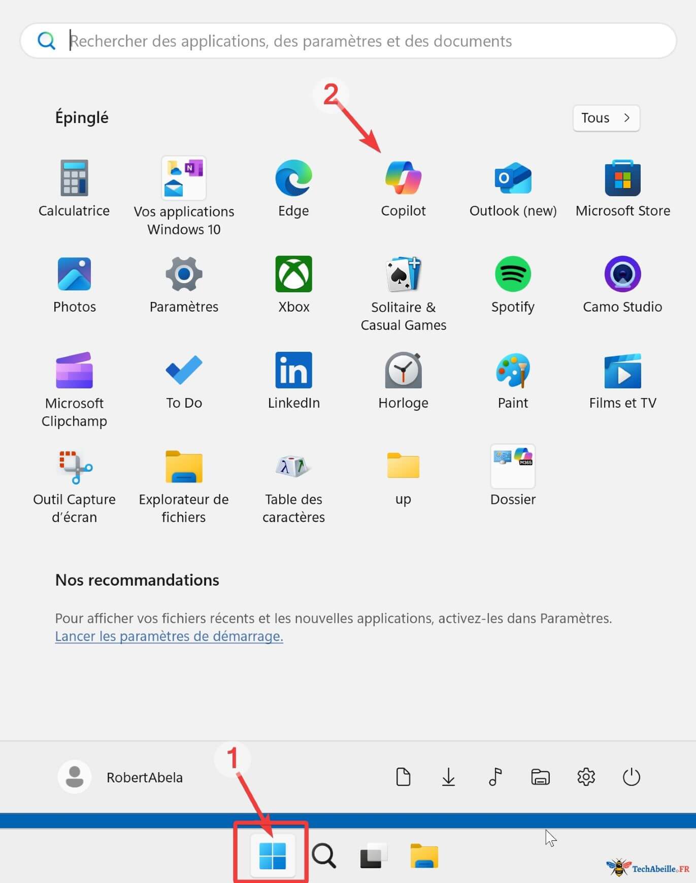 Ouvrir Copilot dans le menu Démarrer