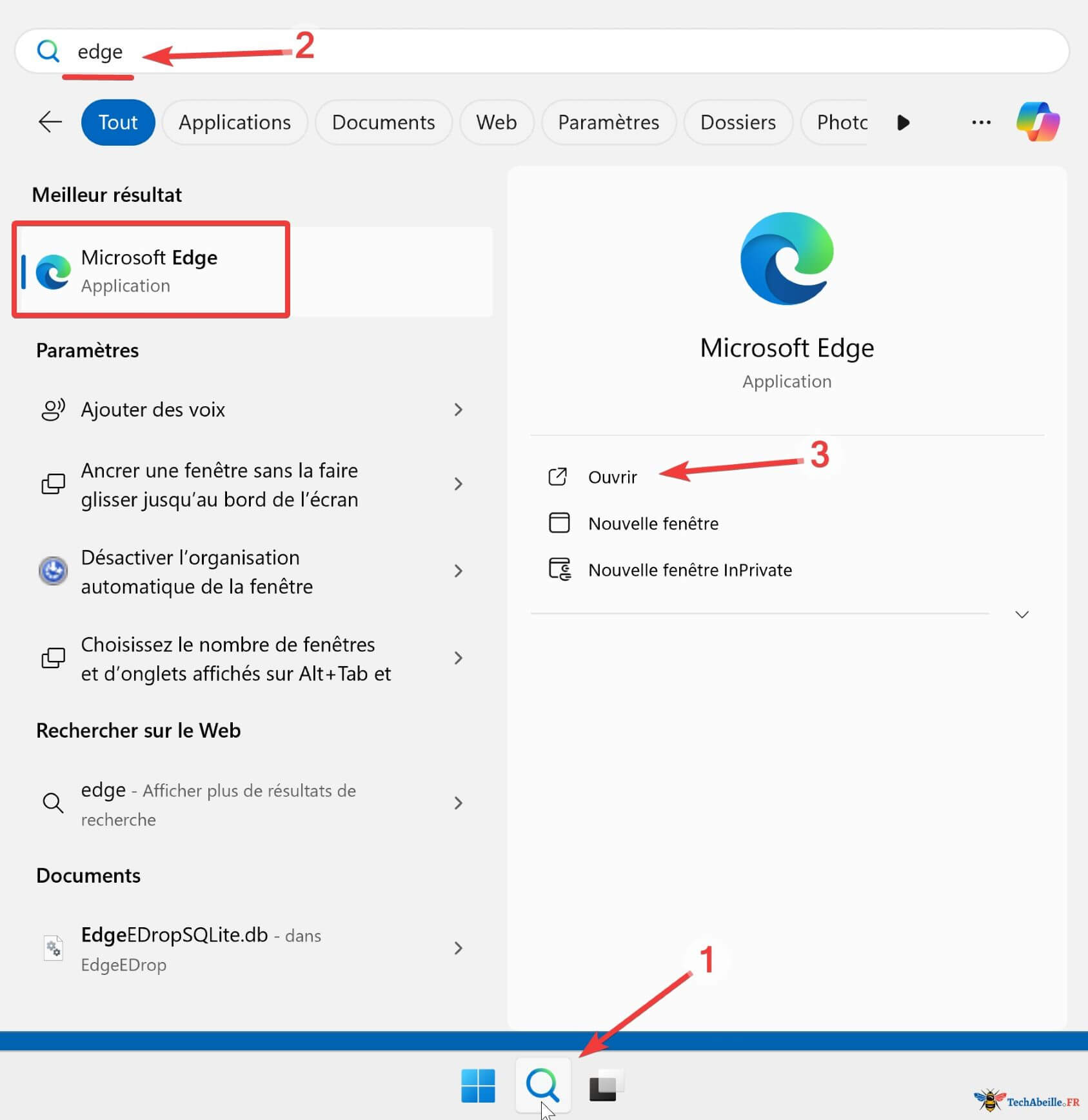 Ouvrir Edge avec la recherche Windows