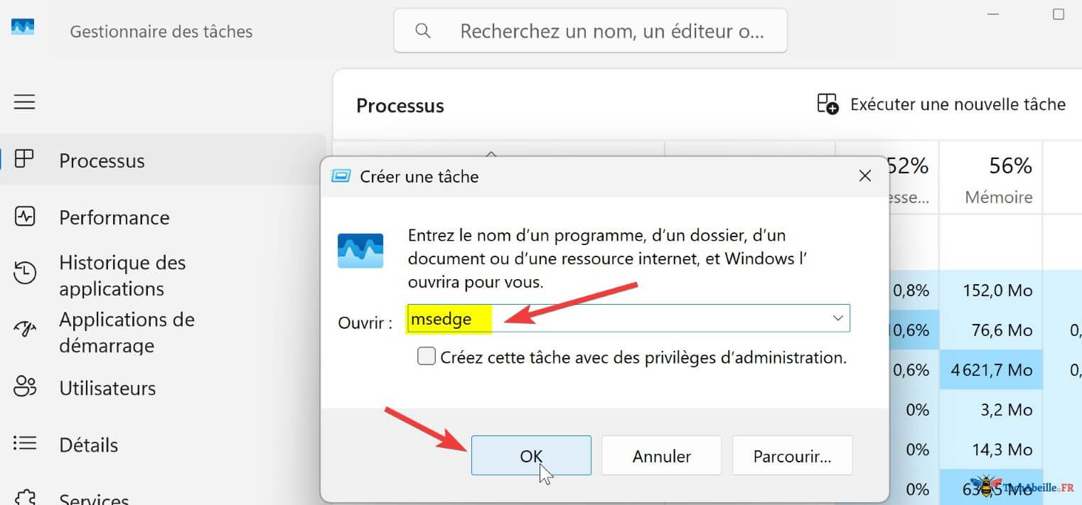 Ouvrir Edge avec le Gestionnaire des tâches entrer msedge dans la fenêtre ouverte