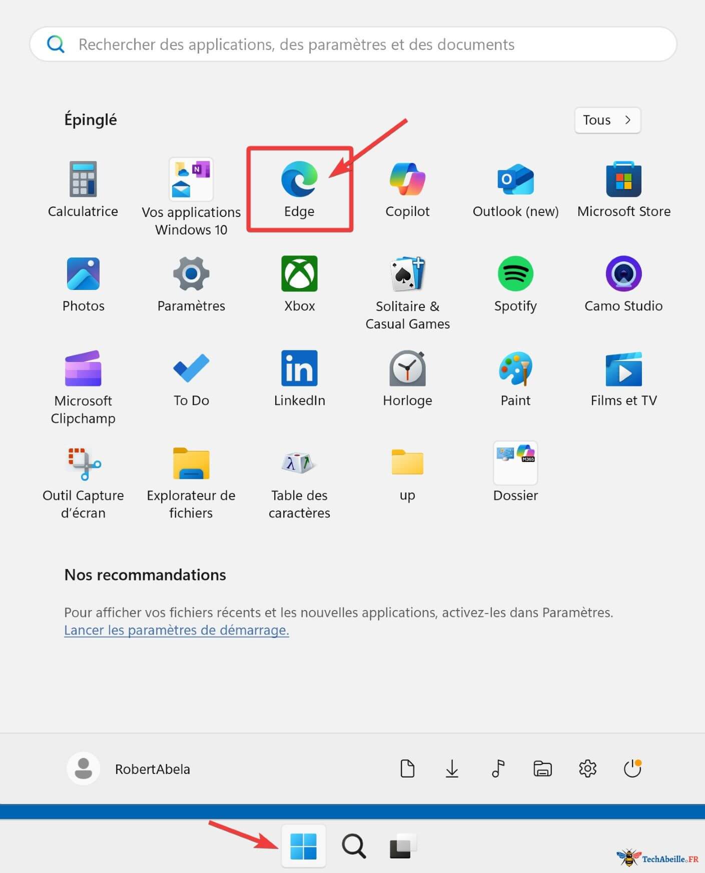 Ouvrir Edge avec le menu Démarrer