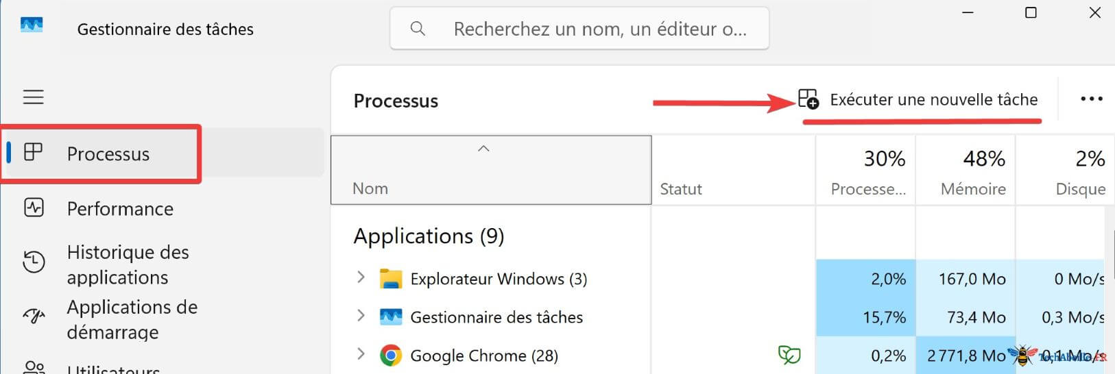 Ouvrir le Gestionnaire des tâches et cliquer sur Nouvelle tâche