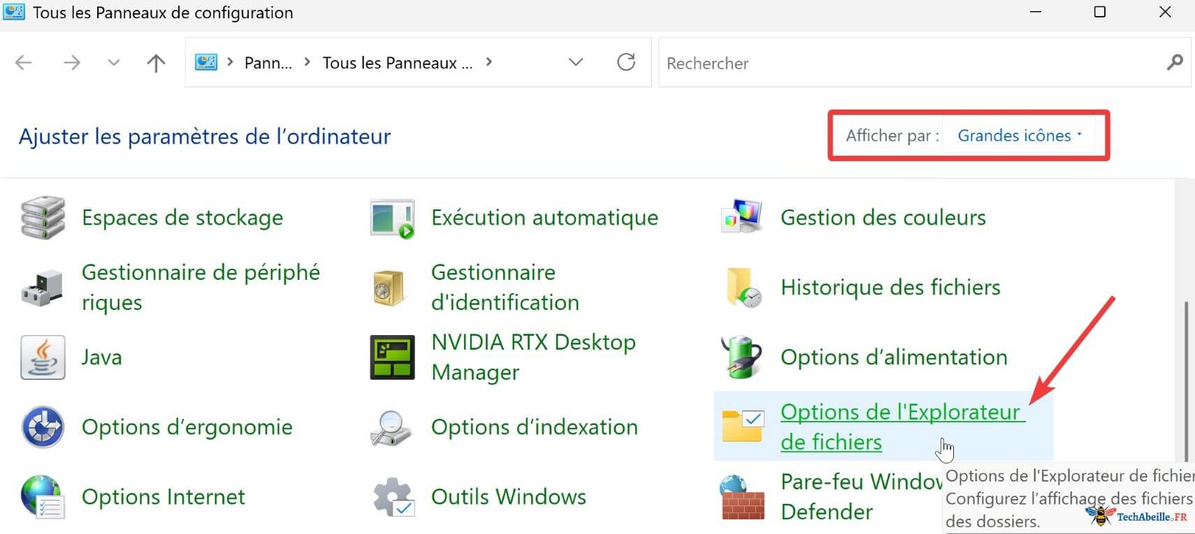 Ouvrir les options de l'Explorateur de fichiers dans le Panneau de configuration