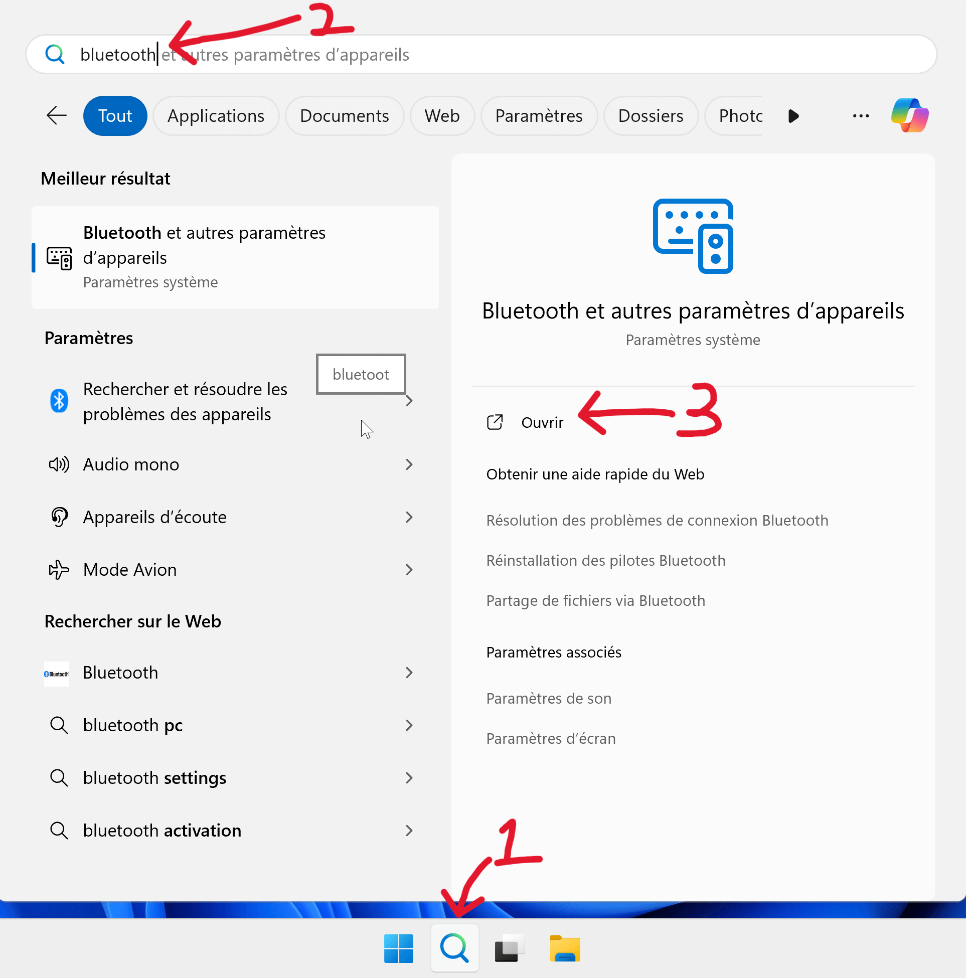 Ouvrir les paramètres Bluetooth via la recherche dans Windows 11