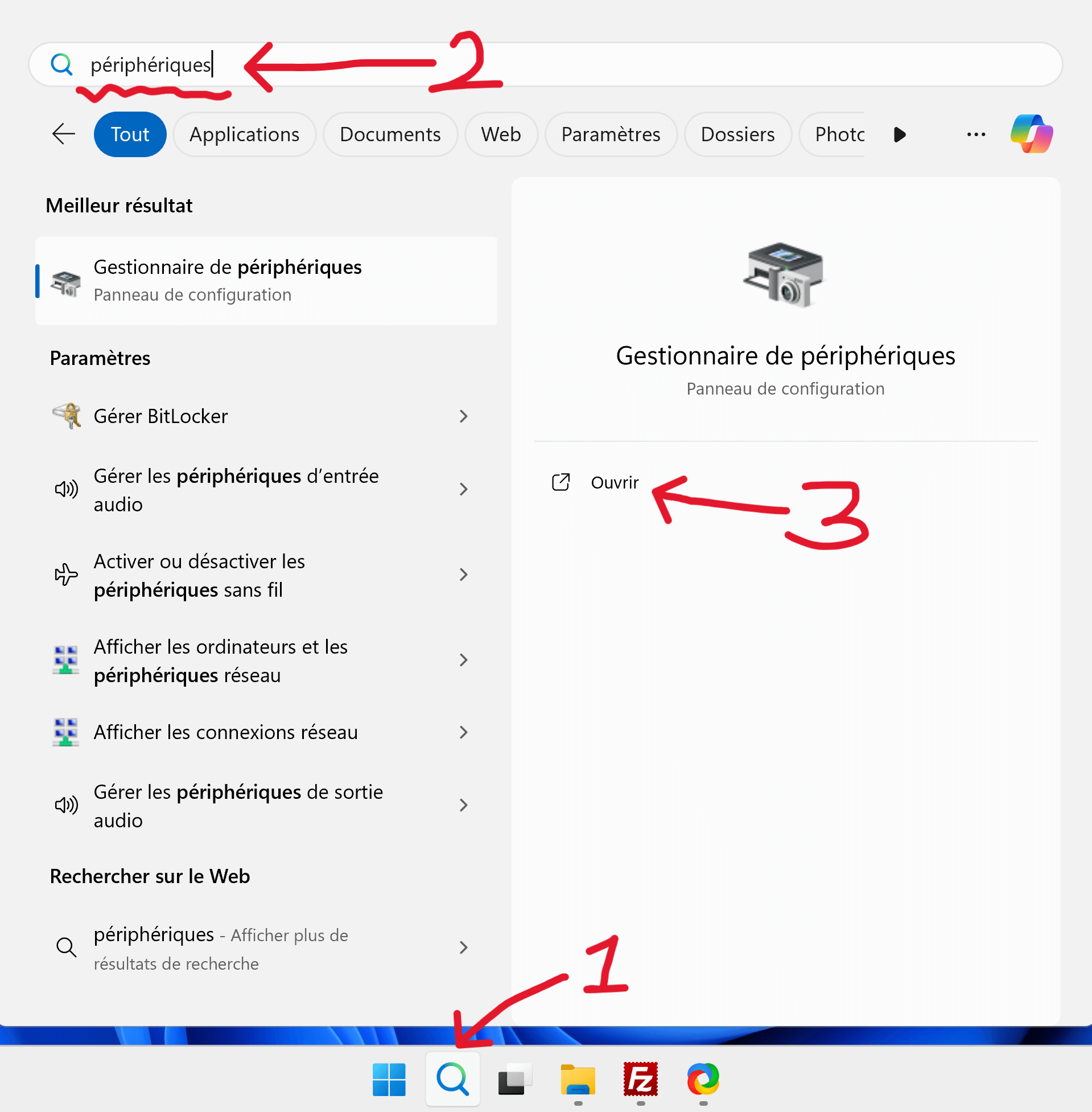 Rechercher le Gestionnaire de périphériques