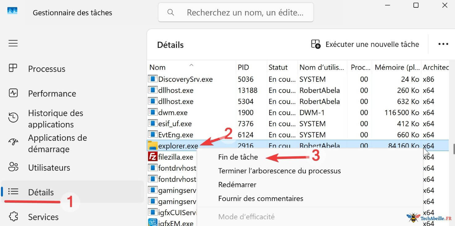 Terminer le processus explorer dans le Gestionnaire des tâches