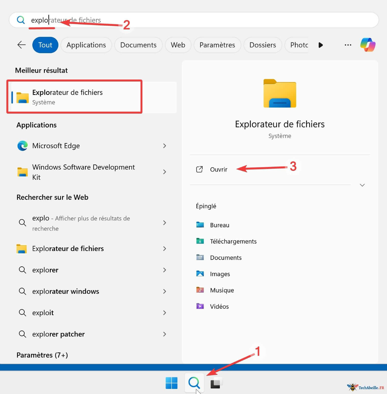 Utiliser la recherche Windows pour ouvrir l'Explorateur de fichiers