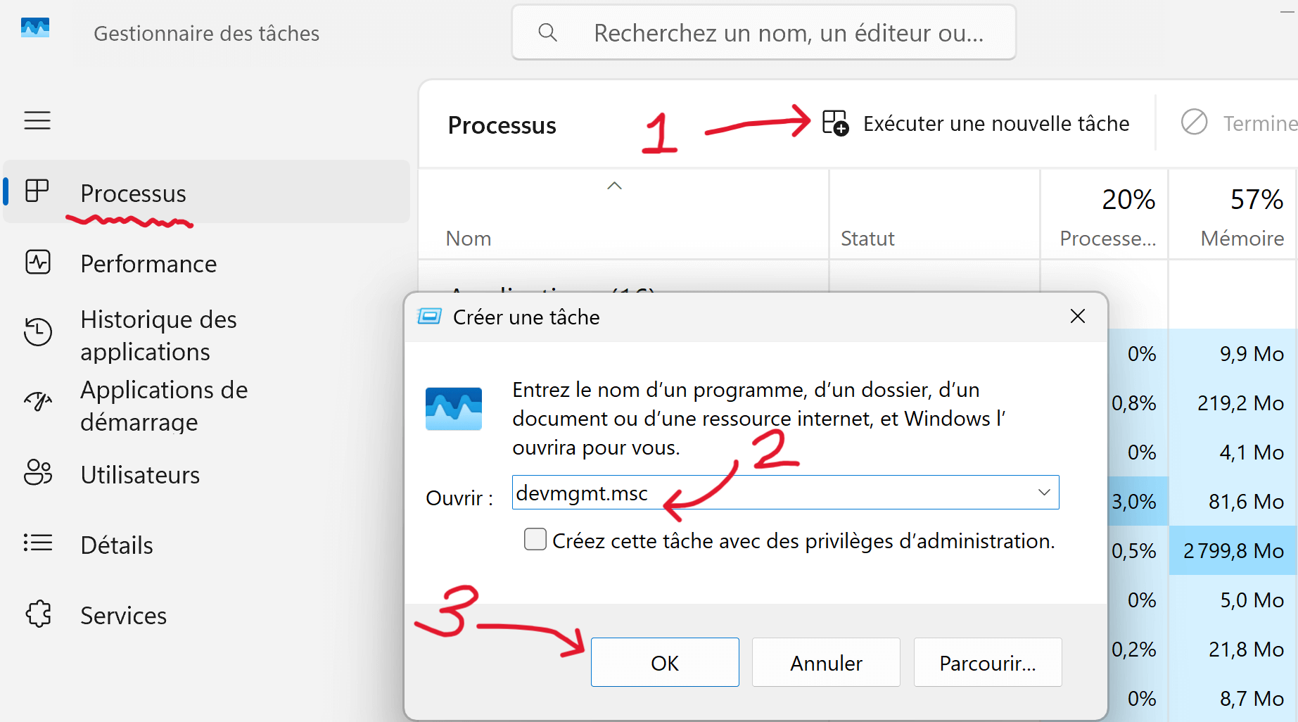 Utiliser le Gestionnaire des tâches pour ouvrir le Gestionnaire de périphériques