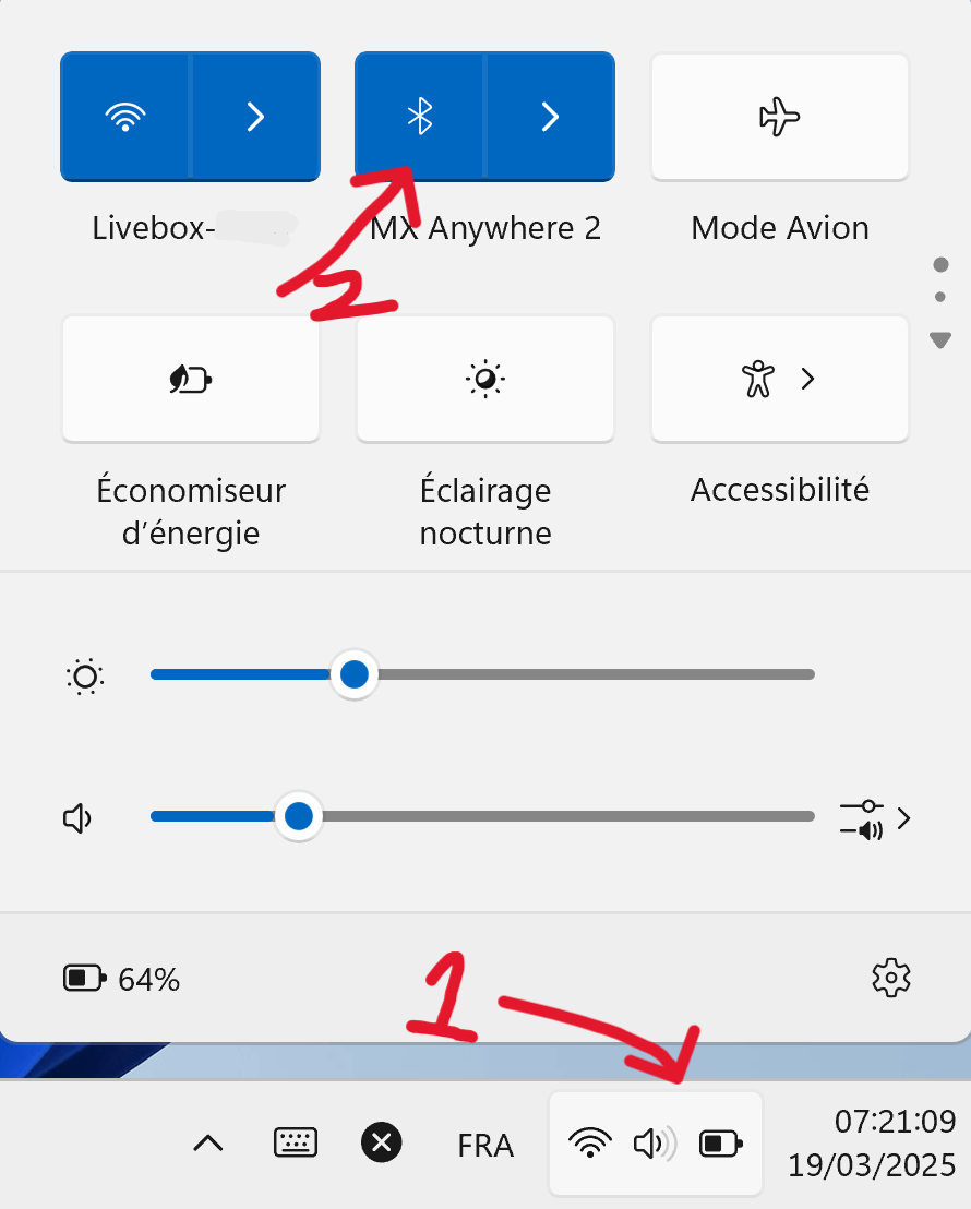 Windows 11 Paramètres rapides Bluetooth activé