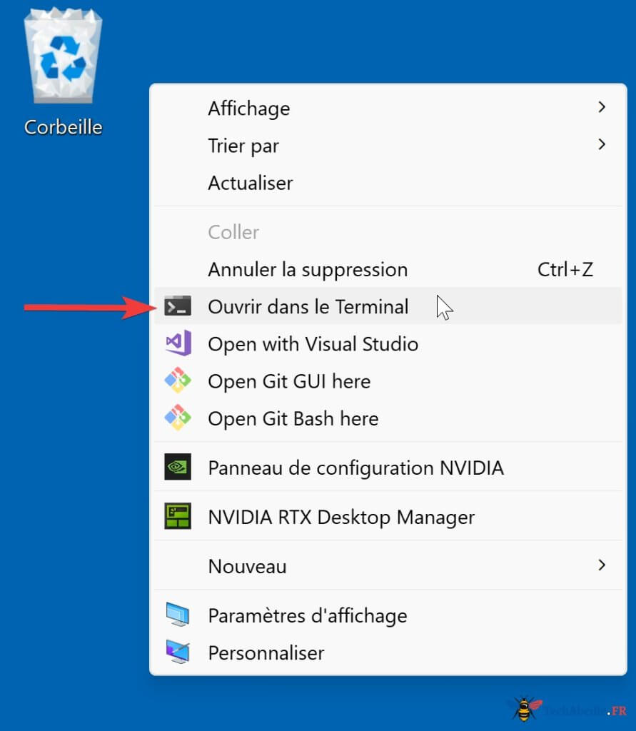 Clic droit sur le bureau Windows10 pour ouvrir PowerShell