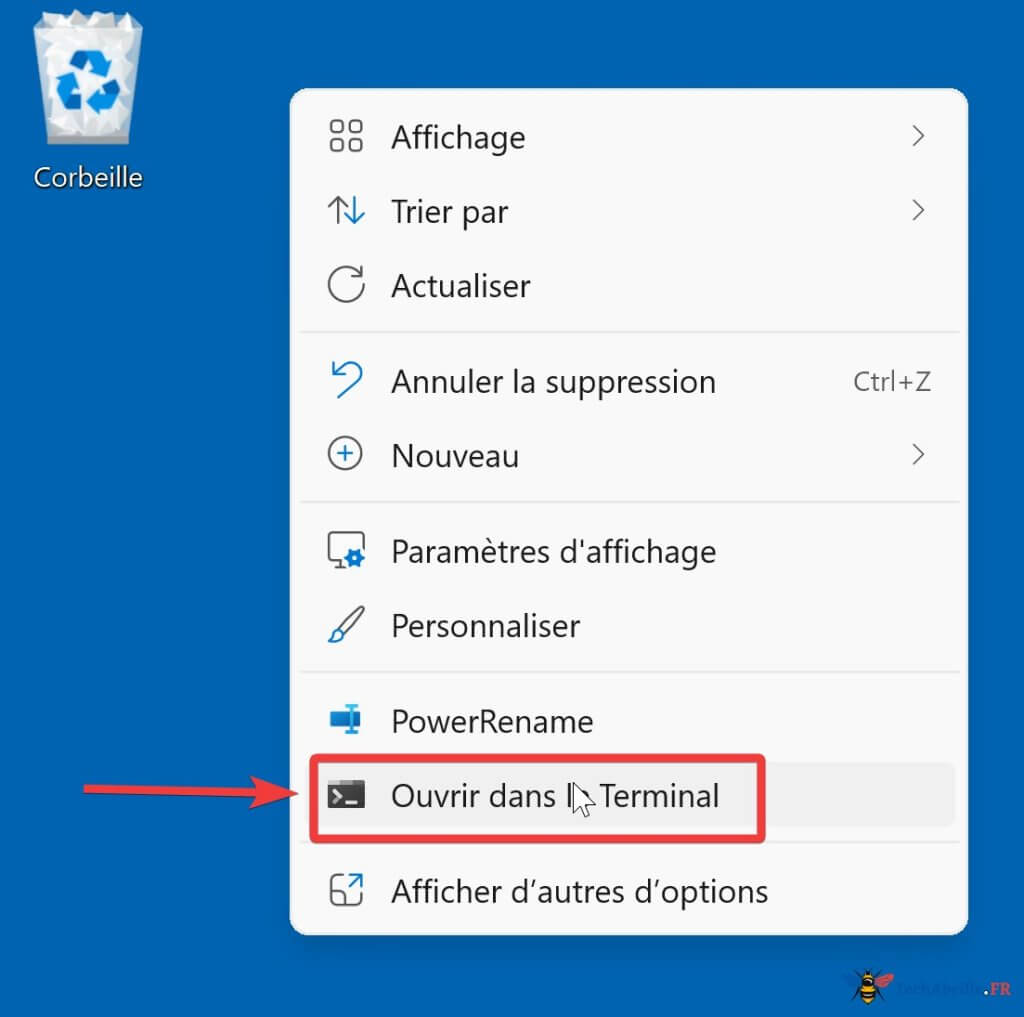 Clic droit sur le bureau Windows11 pour ouvrir PowerShell