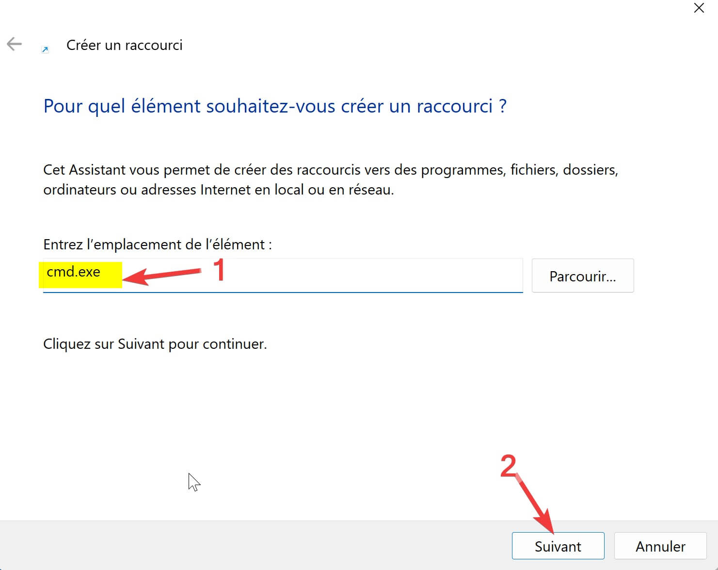 Entrer cmd exe Raccourci