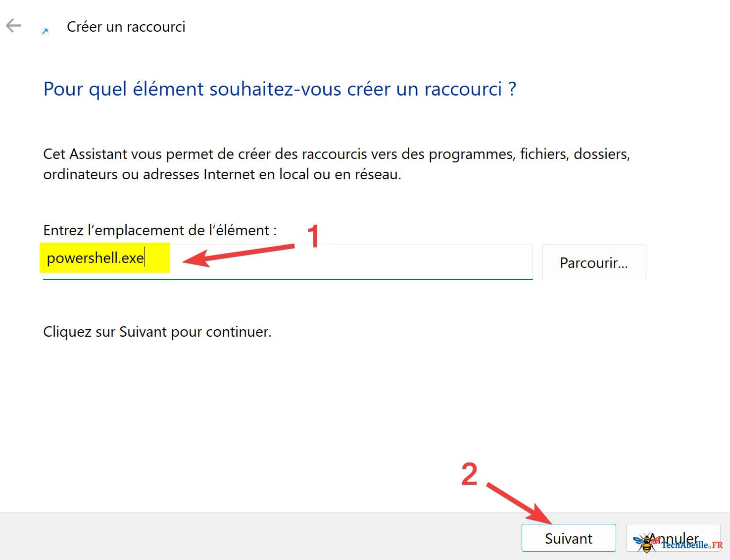 Entrer powershell exe dans la boite de dialogue du raccourci