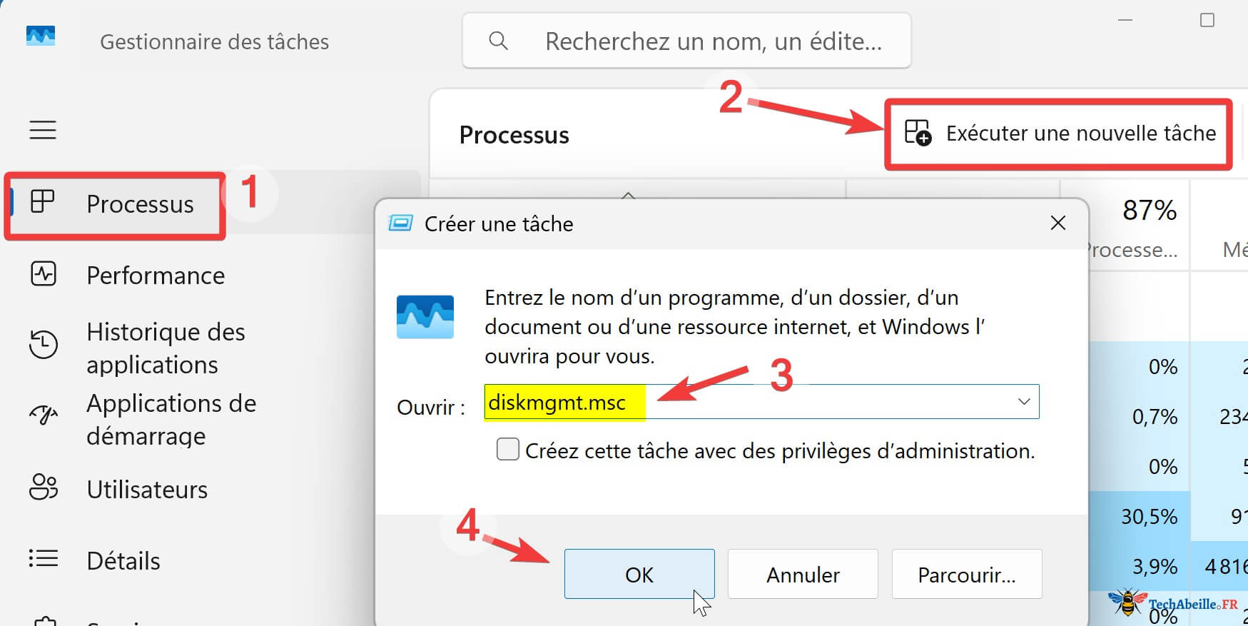 Exécuter diskmgmt.msc via Gestionnaire des tâches