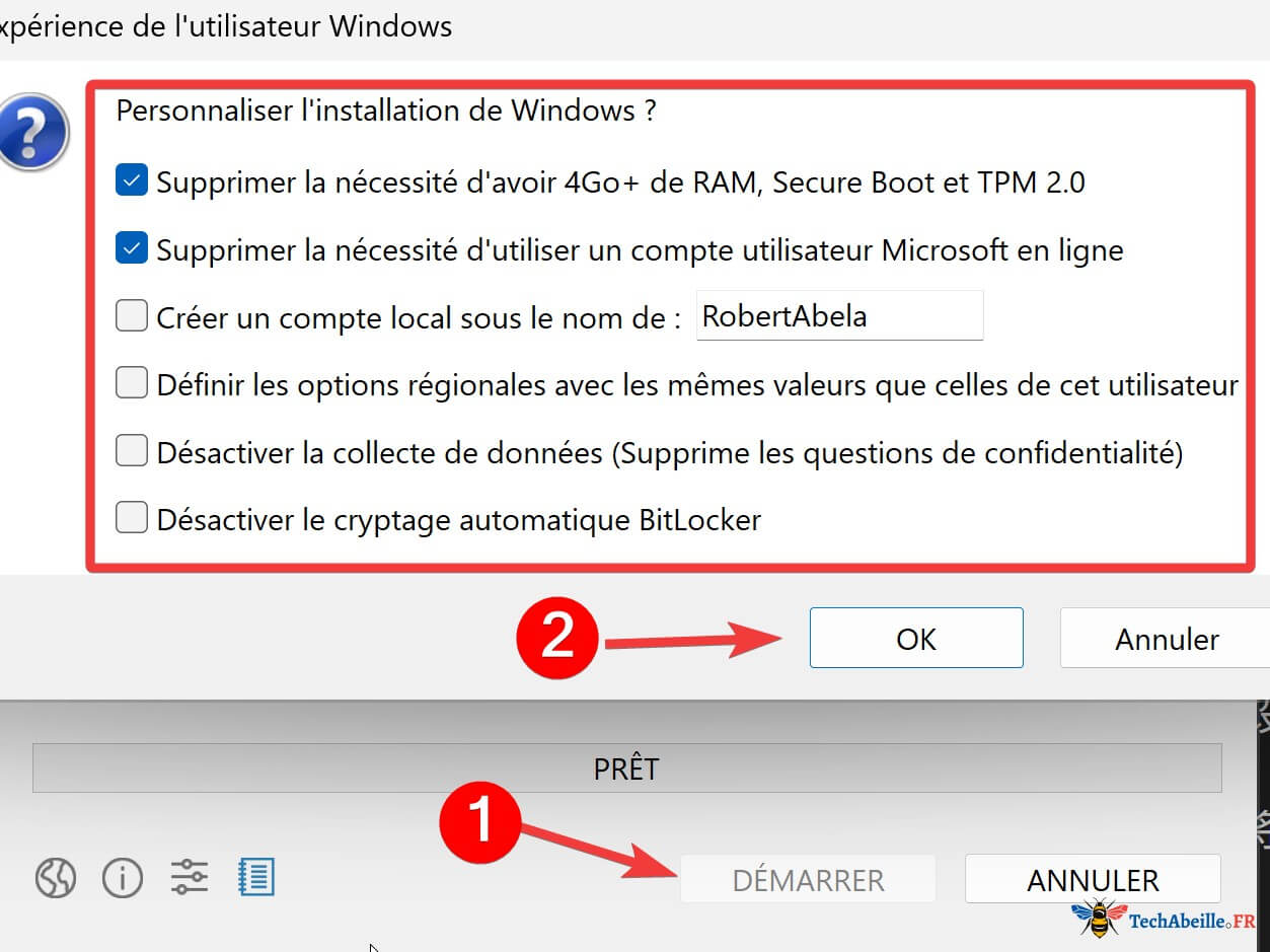 Fenêtre de personnalisation de l'expérience utilisateur Rufus