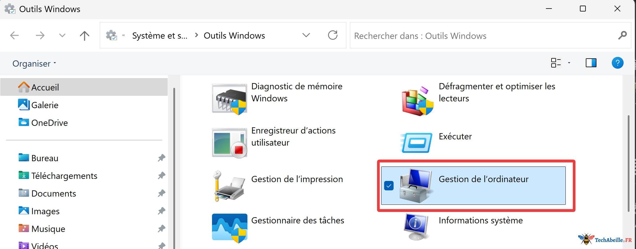 Gestion de l ordinateur dans Outils Windows