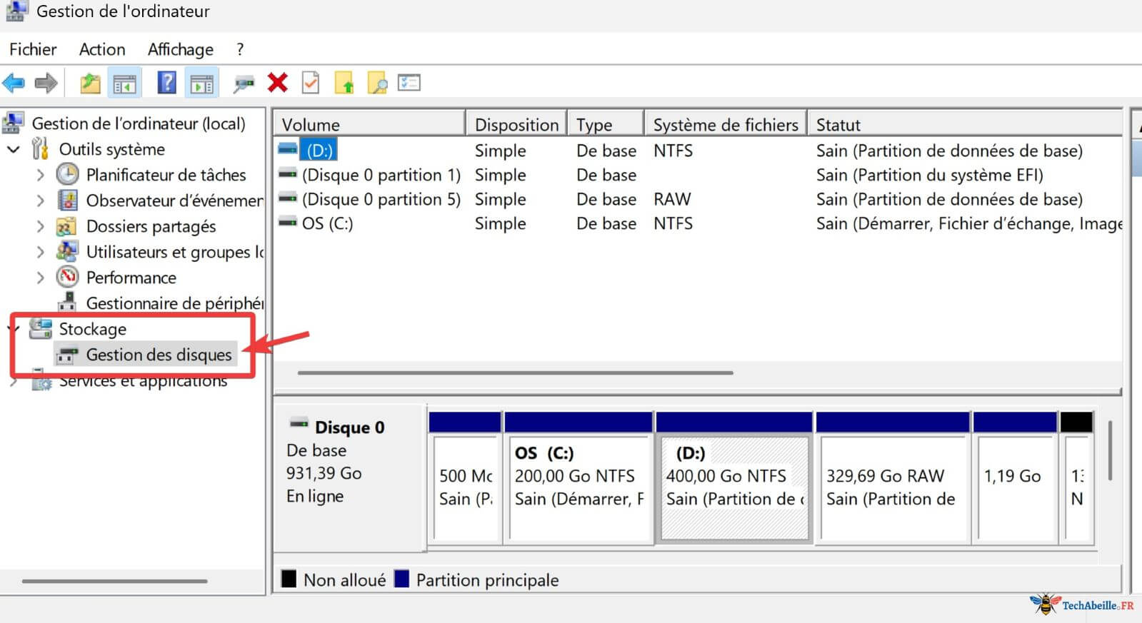 Gestion des disques dans Gestion de l ordinateur
