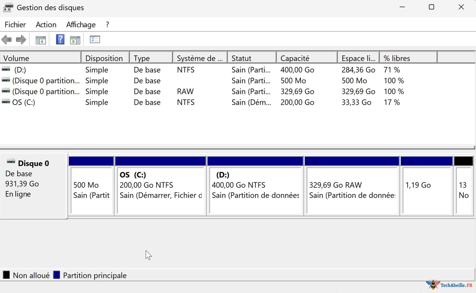 Interface principale Gestion des disques Win11