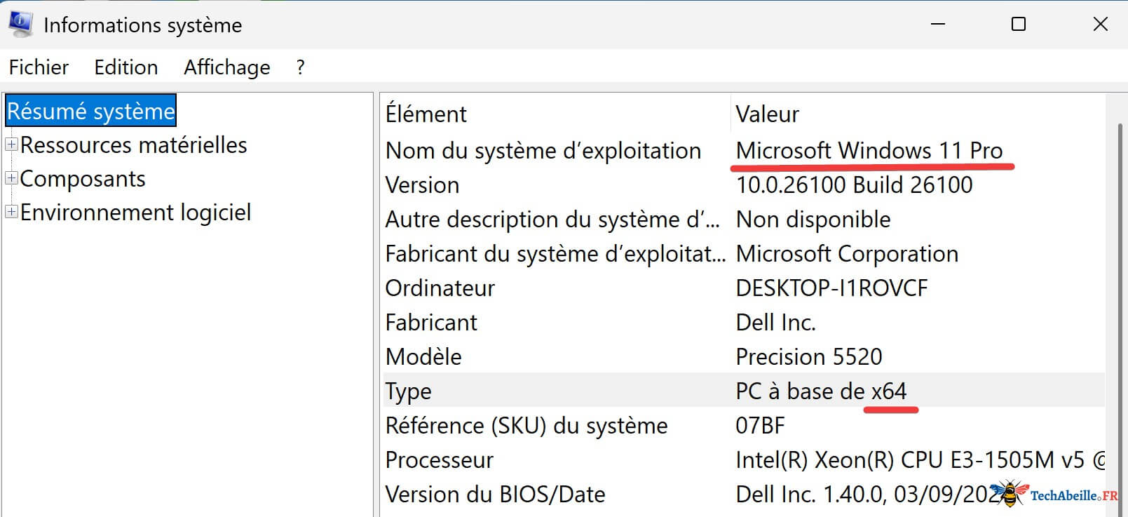 Lancement des informations système avec msinfo32