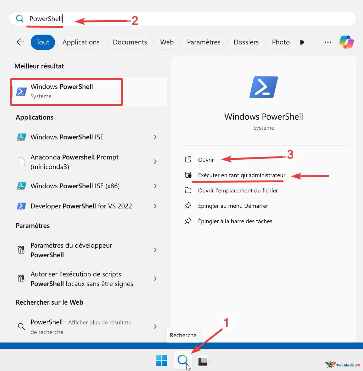 Lancer PowerShell avec la barre de recherche dans Windows11
