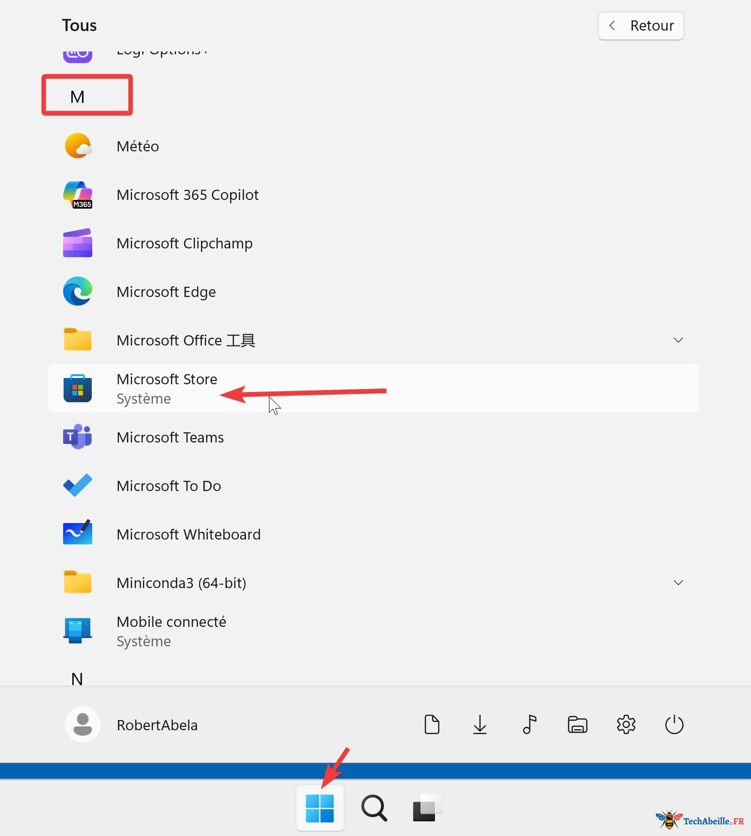 Localisation du Microsoft Store dans la liste des applications du menu Démarrer de Windows 11