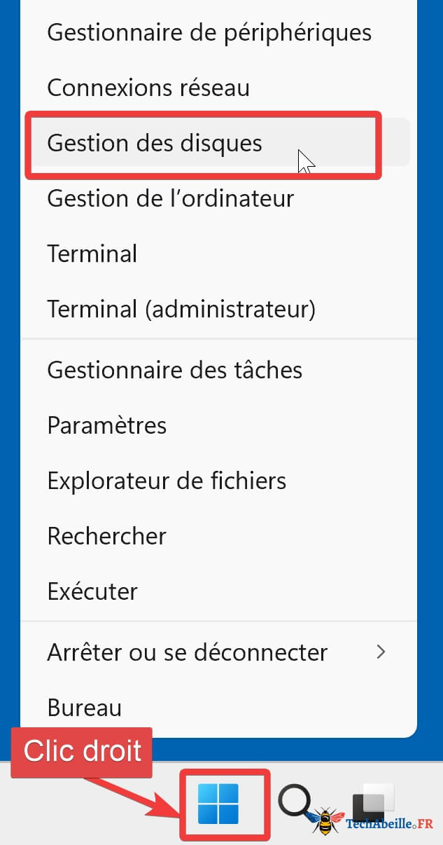 Menu accès rapide Win11 Gestion des disques