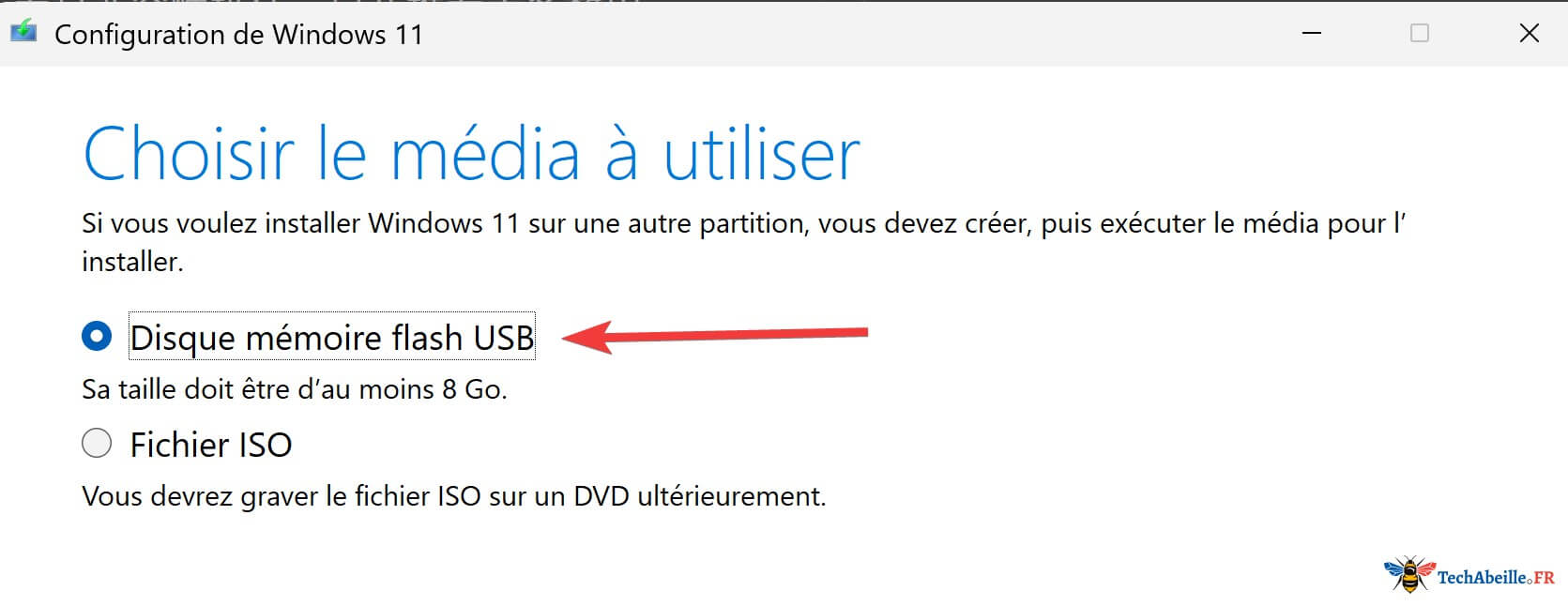 Outil de création de média - Sélection de la clé USB