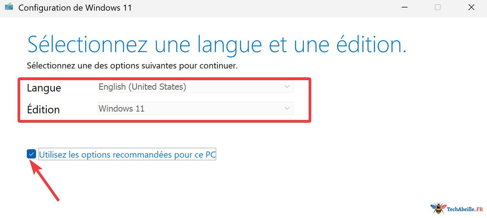 Outil de création de média - Sélection de la langue et de la version