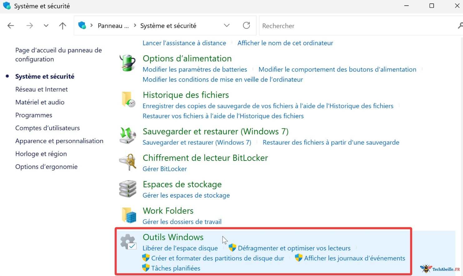 Outils Windows dans Panneau de configuration Win11