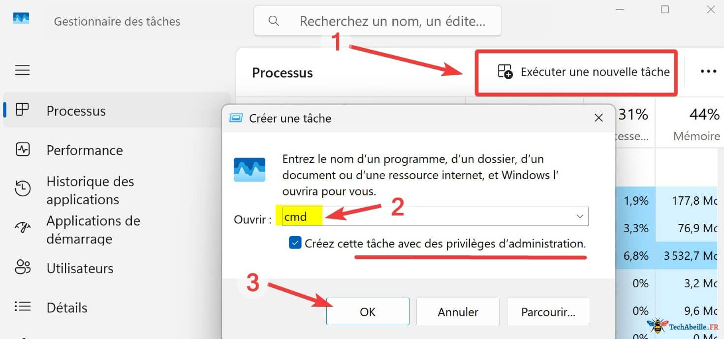 Ouvrir CMD Gestionnaire Tâches