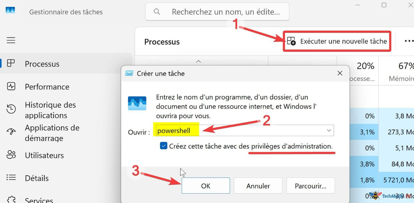 Ouvrir PowerShell Gestionnaire des Taches