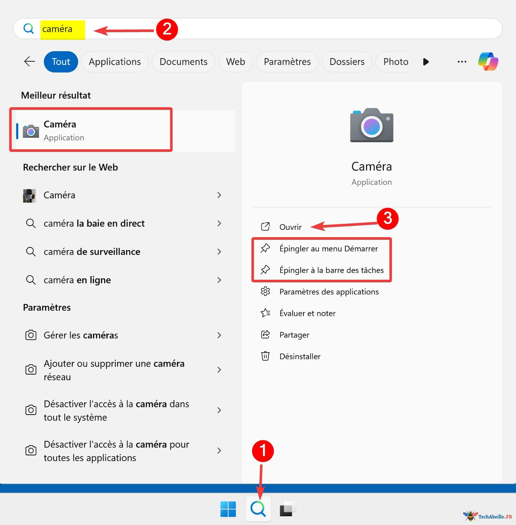 Kamera über die Suchfunktion öffnen