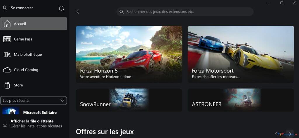 Page d'accueil Xbox dans Windows 11