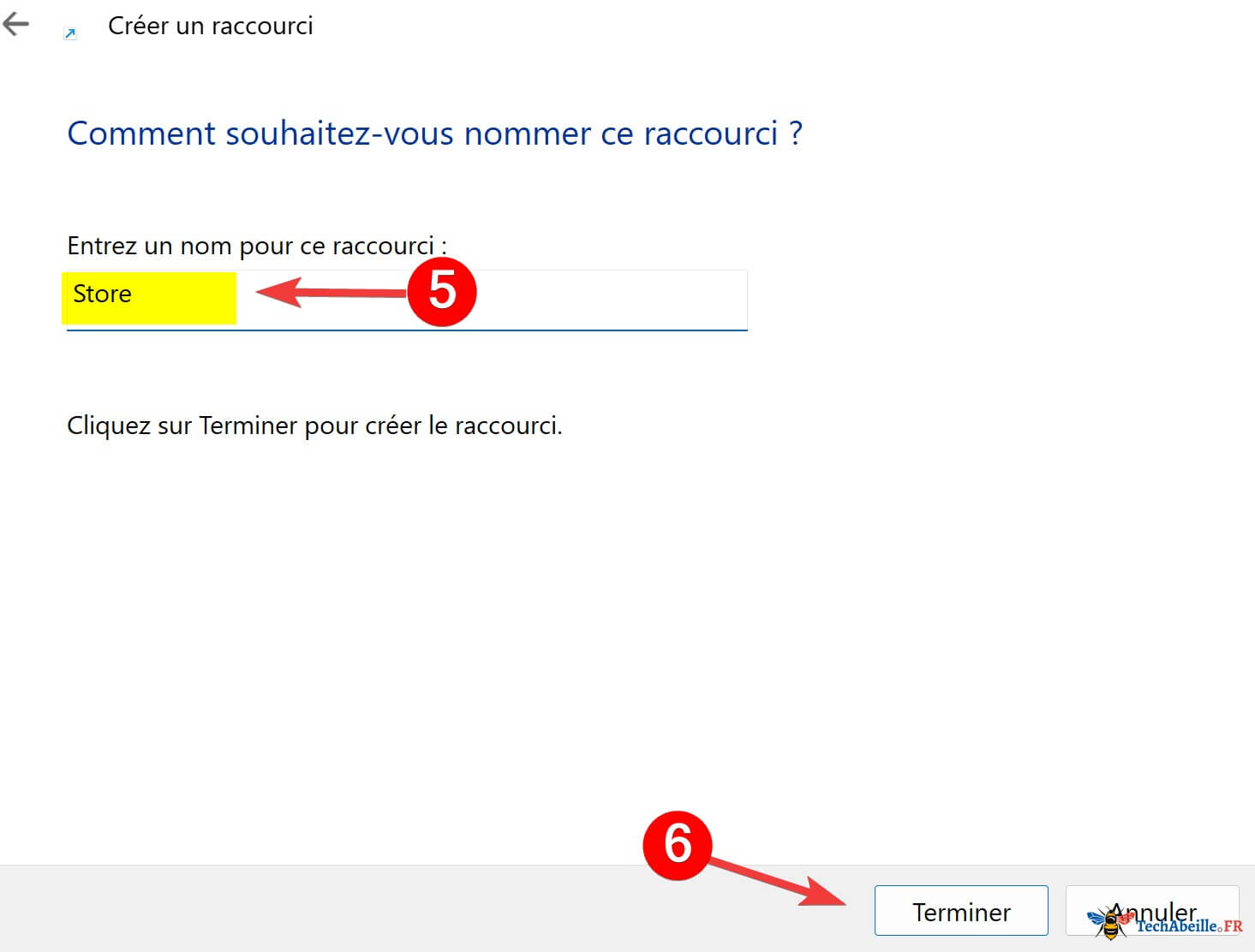 Personnalisation du nom du raccourci lors de sa création