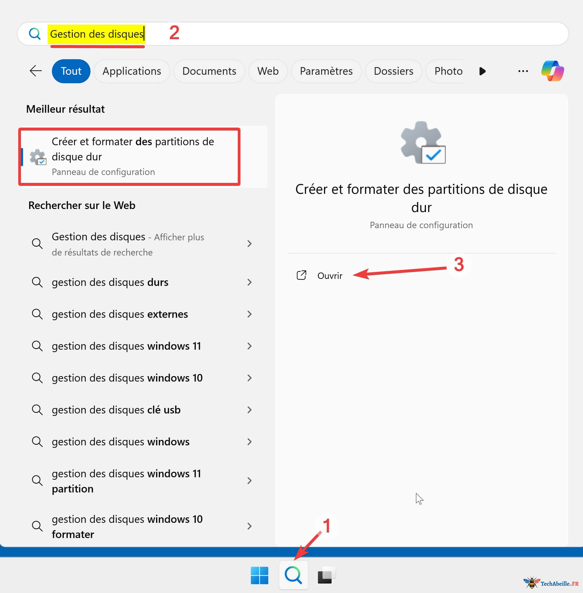 Recherche Gestion des disques Windows 11