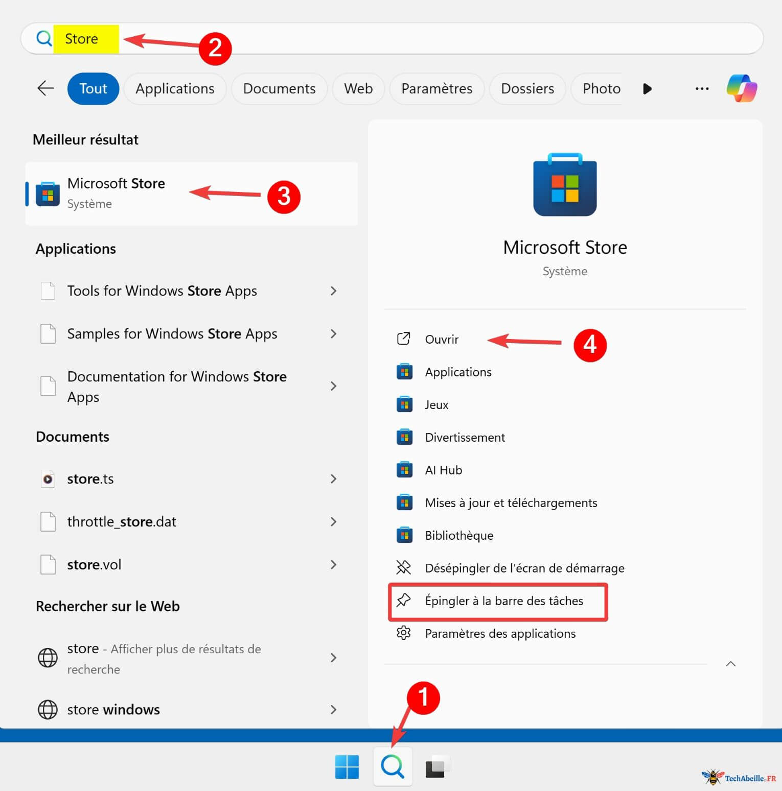 Recherche de store dans la barre de recherche de Windows 11