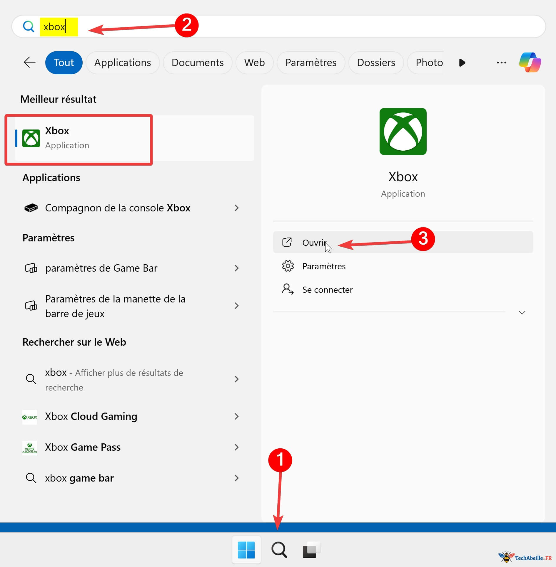 Rechercher et ouvrir Xbox avec la fonction de recherche Windows