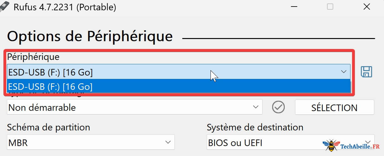 Rufus - Sélection d'un périphérique cible