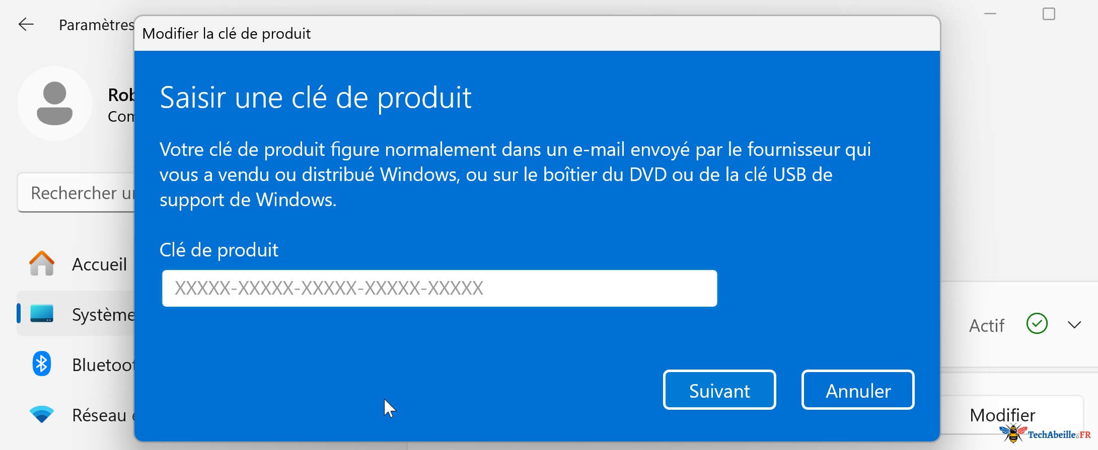 Saisie de la clé produit Windows